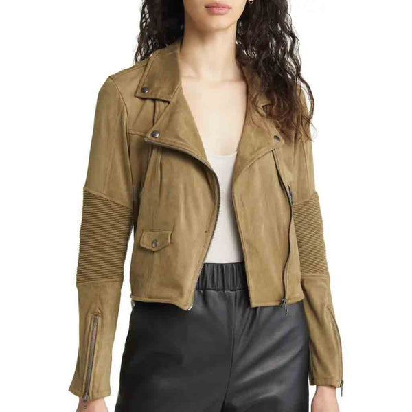 Smoky Sage Cropped Women Moto Suede Leather Jacket -  HOTLEATHERWORLD
