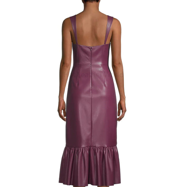 Minimal Burgundy Frill Hem Women Midi Leather Dress -  HOTLEATHERWORLD
