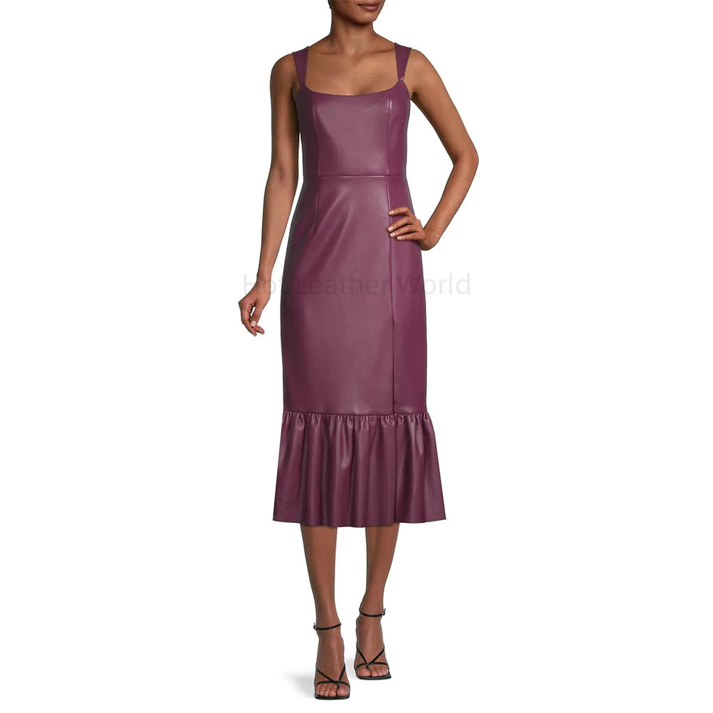 Minimal Burgundy Frill Hem Women Midi Leather Dress CUSTOM / GREY