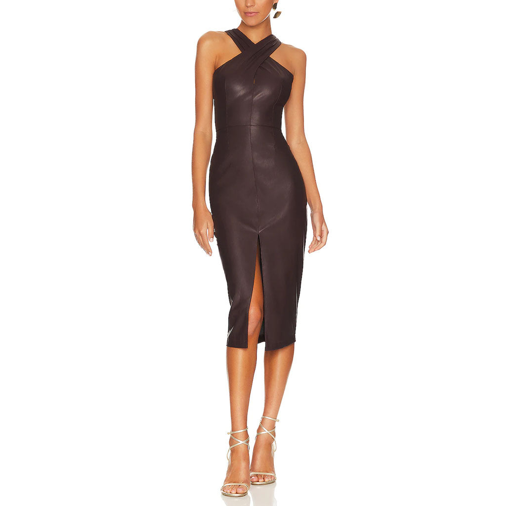 Plum Red Criss Cross Halter Neck Women Leather Dress CUSTOM / Same as Picture Plum Red Criss Cross Halter Neck Women Leather Dress CUSTOM / Same as Picture