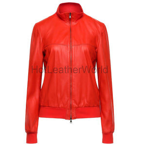 Women Turtleneck Red Leather Jacket -  HOTLEATHERWORLD