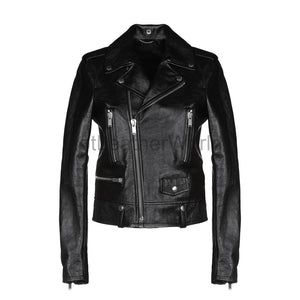 Women Snap Button Detailed Biker Leather Jacket -  HOTLEATHERWORLD