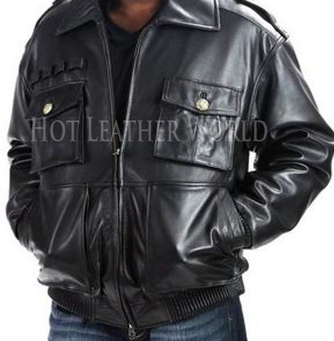 Stylish Leather Military Jacket For Men -  HOTLEATHERWORLD