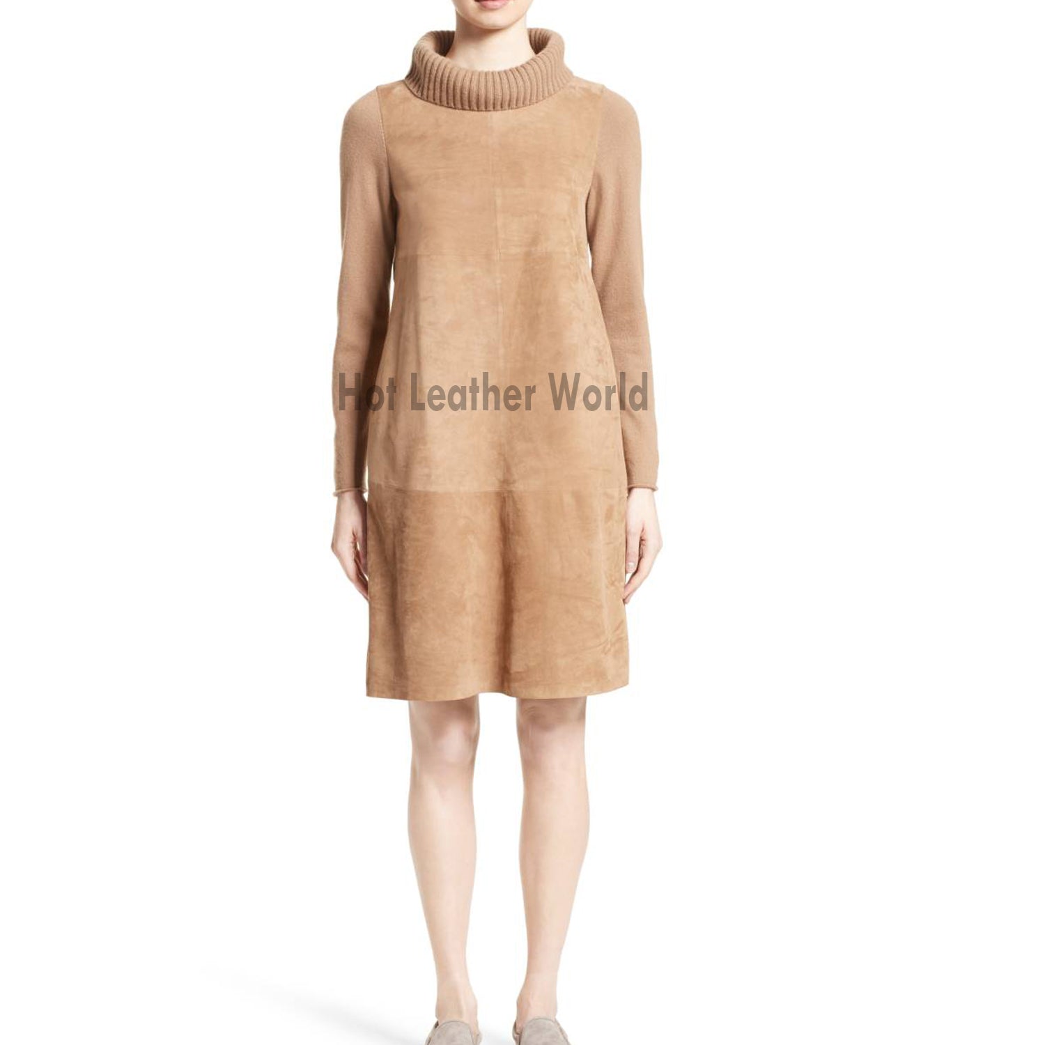 TURTLENECK SUEDE LEATHER DRESS M / RED