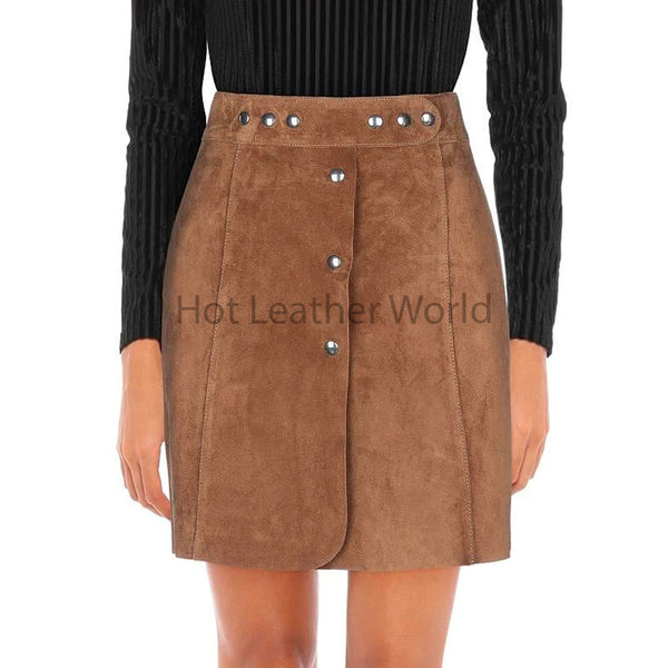 Tan Brown Snap Detailed Women Suede Mini Leather Skirt -  HOTLEATHERWORLD