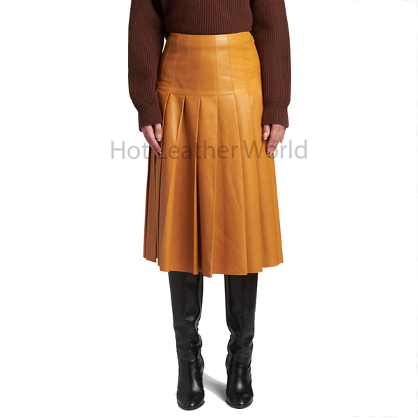 Elegant Tan Brown Pleated Women Midi Leather Skirt -  HOTLEATHERWORLD