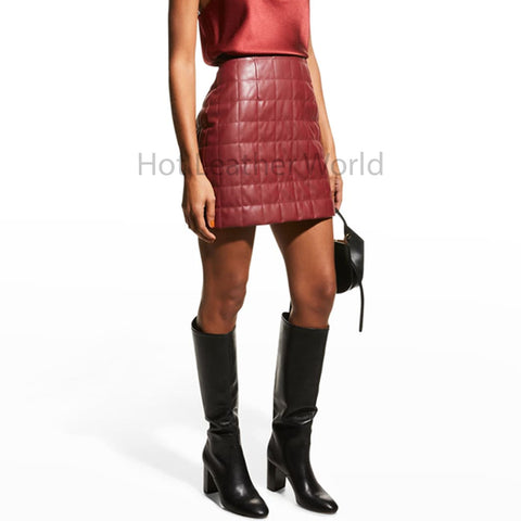 Classy Wine-Red Square Quilted Women Mini Leather Skirt -  HOTLEATHERWORLD