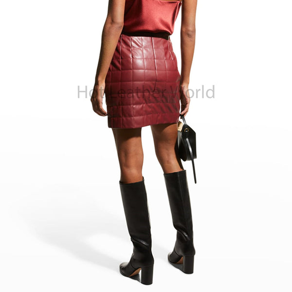 Classy Wine-Red Square Quilted Women Mini Leather Skirt -  HOTLEATHERWORLD