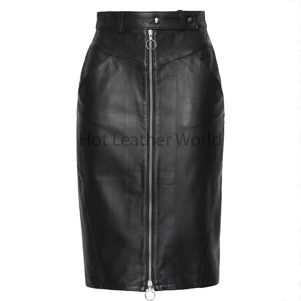 Timeless Black Front Full Zip Women Knee Length Leather Skirt -  HOTLEATHERWORLD