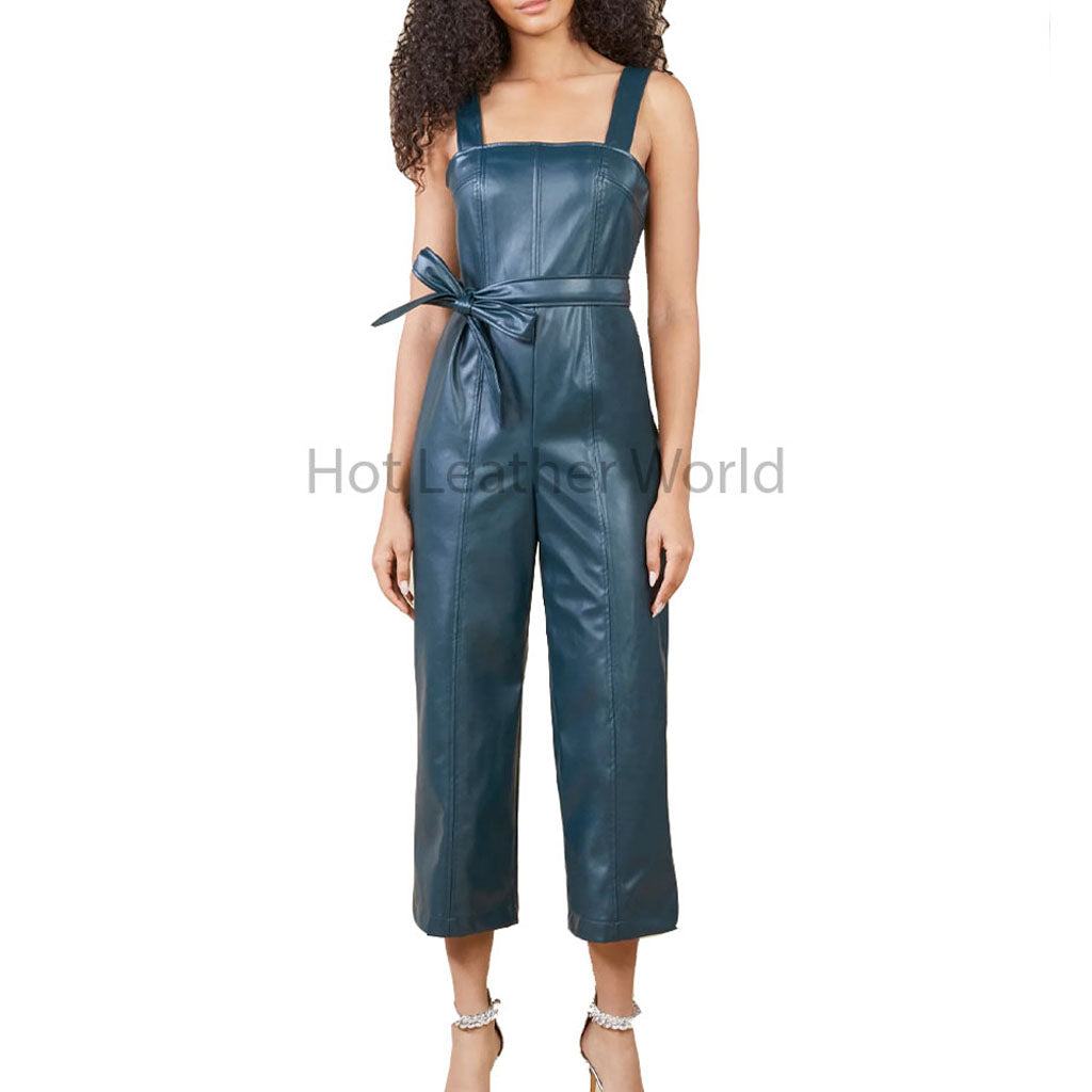 Emerald Green Square Neck Cropped Length Women Hot Leather Jumpsuit -  HOTLEATHERWORLD