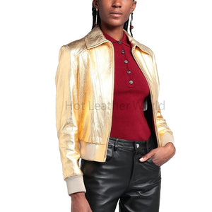 Unique Gold Minimal Bomber Women Leather Jacket -  HOTLEATHERWORLD