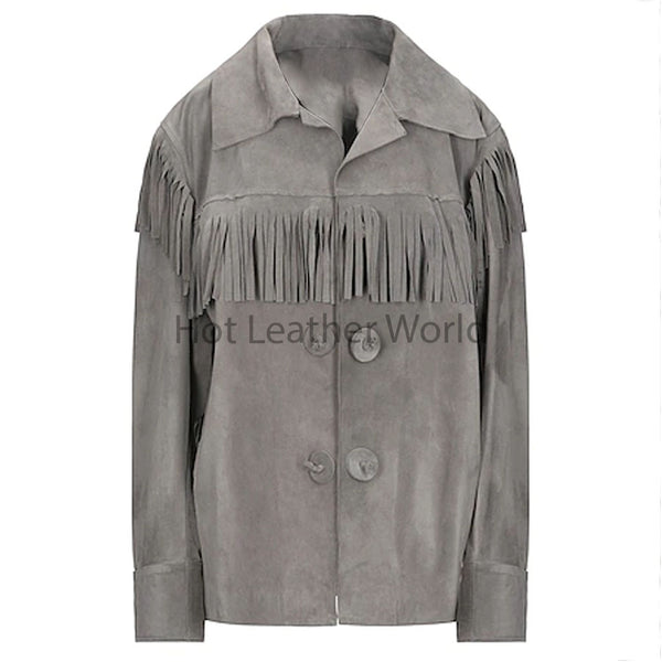 Elegant Grey Fringe Women Suede Leather Jacket -  HOTLEATHERWORLD