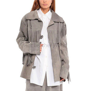 Elegant Grey Fringe Women Suede Leather Jacket -  HOTLEATHERWORLD
