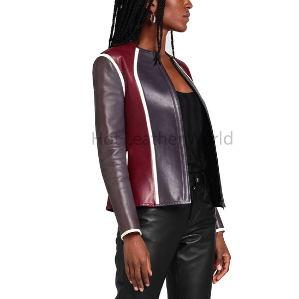 Maroon Color Block Round Collar Women Genuine Leather Jacket -  HOTLEATHERWORLD