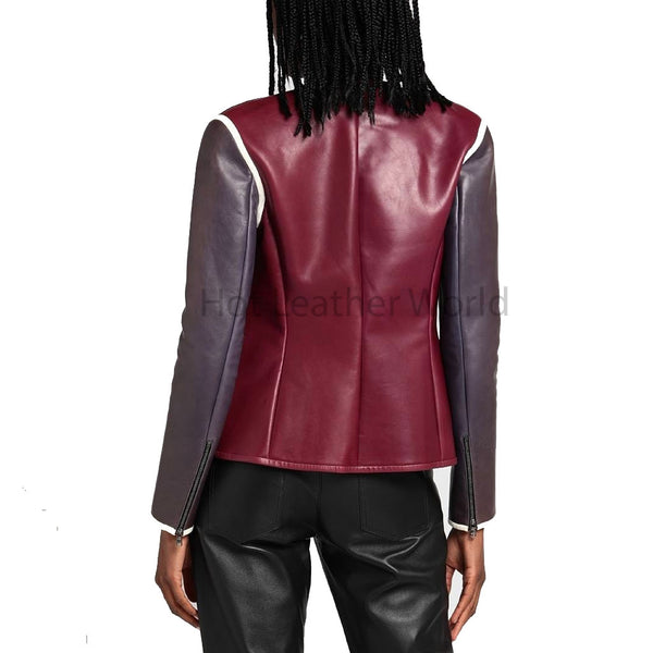 Maroon Color Block Round Collar Women Genuine Leather Jacket -  HOTLEATHERWORLD