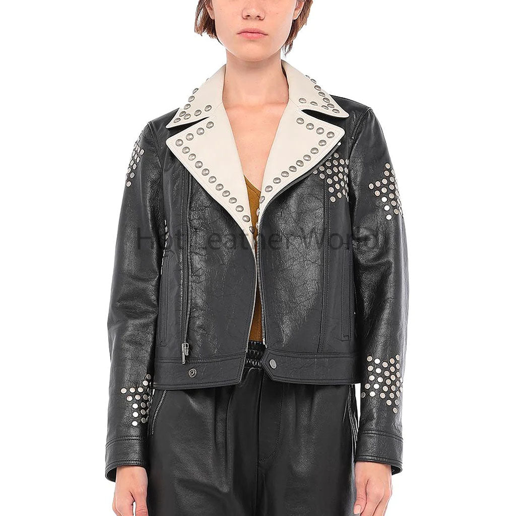 Classy Black Stud Detailed Asymmetrical Women Biker Leather Jacket -  HOTLEATHERWORLD