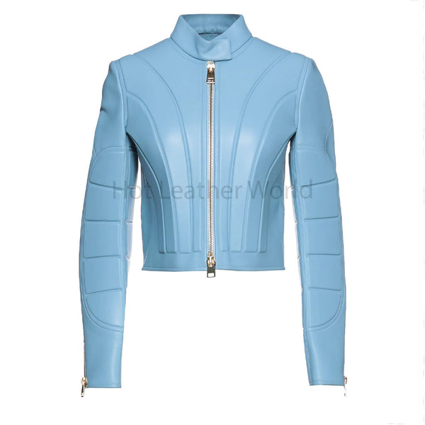 Stunning Sky Blue Padded Women Biker Leather Jacket -  HOTLEATHERWORLD