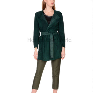 Dark Green Overlapping Minimal Women Suede Leather Jacket -  HOTLEATHERWORLD