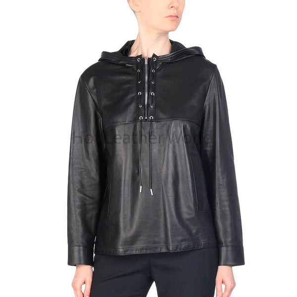 Basic Black Lace Up Detailed Hooded Women Leather Jacket -  HOTLEATHERWORLD