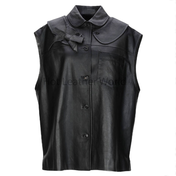 Solid Black Bow Detailed Women Leather Jacket -  HOTLEATHERWORLD