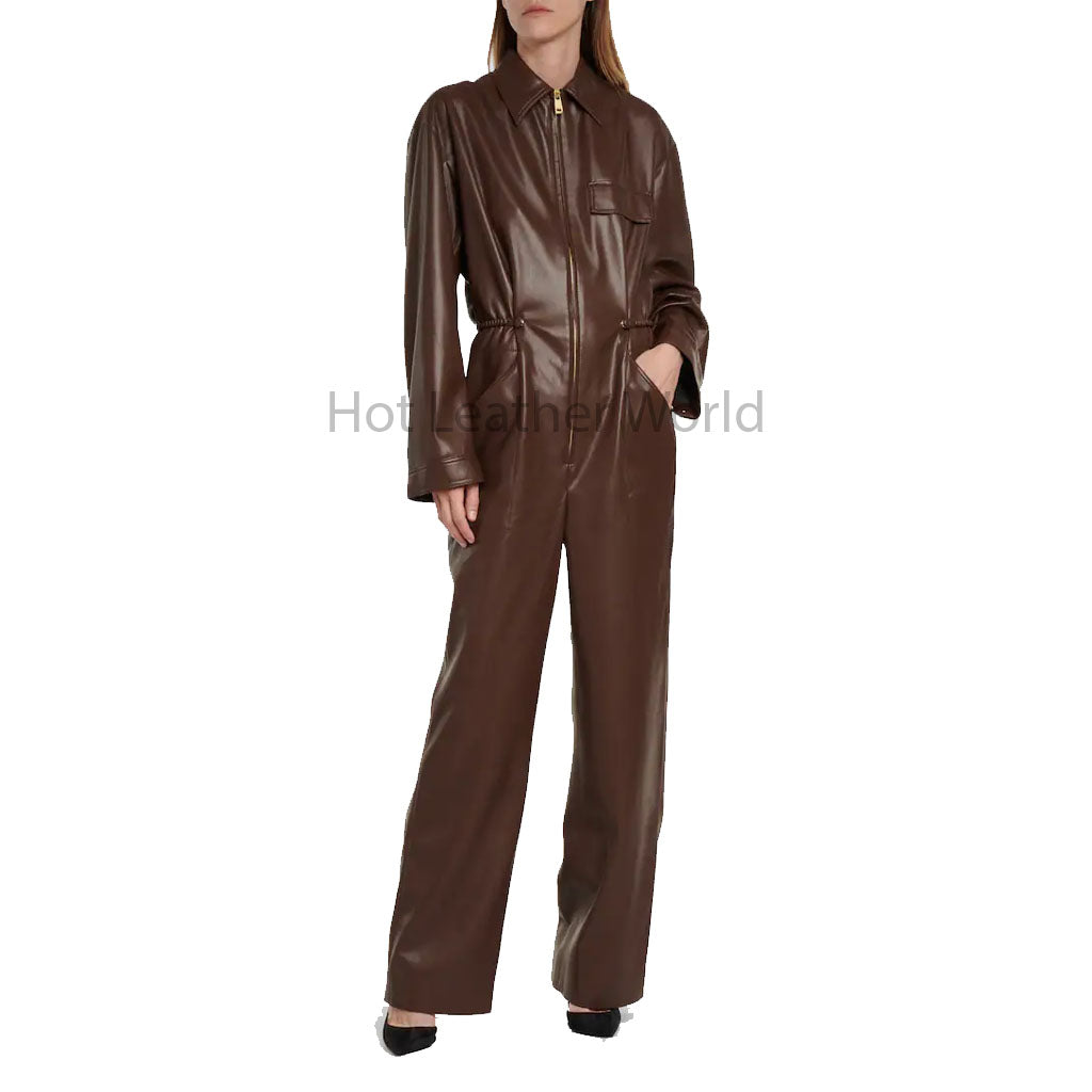 Elegant Chocolate Brown Relax Fit Women Hot Leather Jumpsuit -  HOTLEATHERWORLD