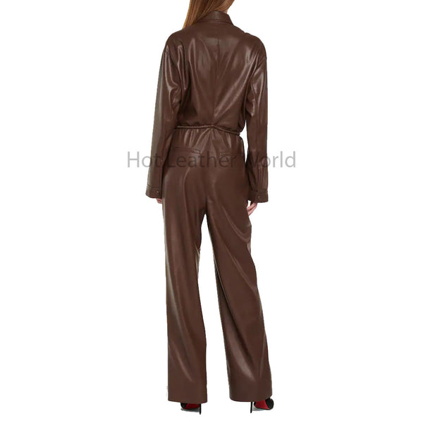Elegant Chocolate Brown Relax Fit Women Hot Leather Jumpsuit -  HOTLEATHERWORLD