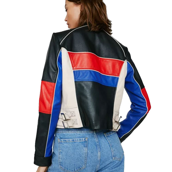 Solid Black Colorblock  Café Racer Style Women Leather Jacket -  HOTLEATHERWORLD