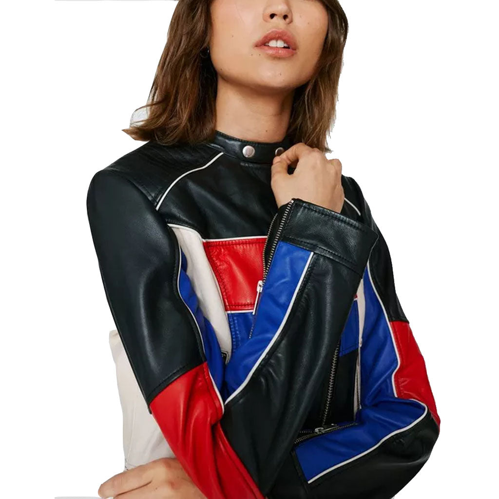 Solid Black Colorblock Café Racer Style Women Leather Jacket ...