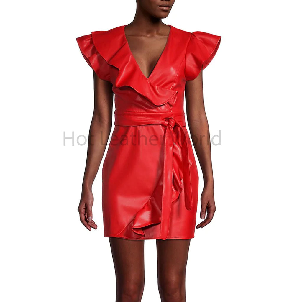 Solid Red Ruffle Neck Women Genuine Leather Mini Dress -  HOTLEATHERWORLD