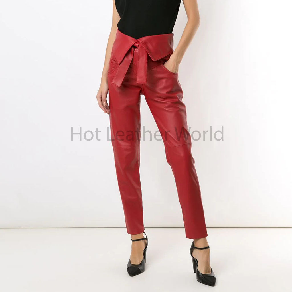 Flame Red Folded Waistband Tied Women Red Leather Pant -  HOTLEATHERWORLD