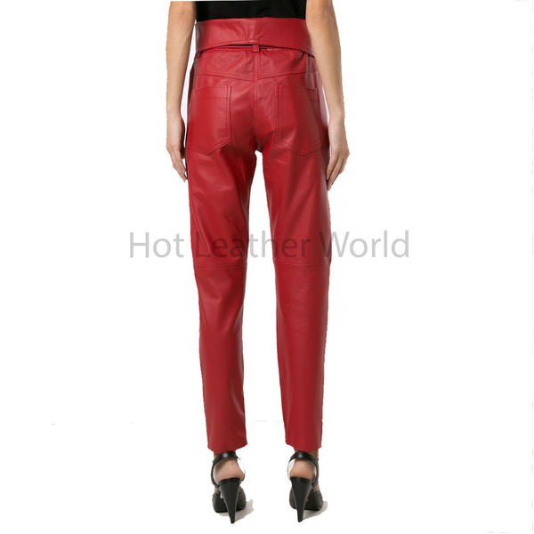 Flame Red Folded Waistband Tied Women Red Leather Pant -  HOTLEATHERWORLD