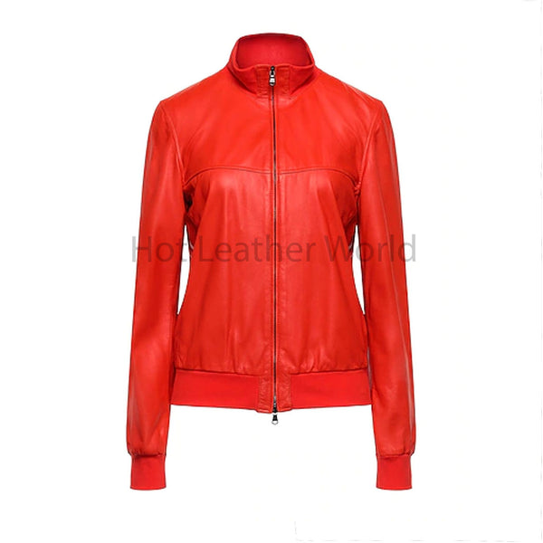 Bright Red High Neck Knitted Hem Women Leather Jacket -  HOTLEATHERWORLD