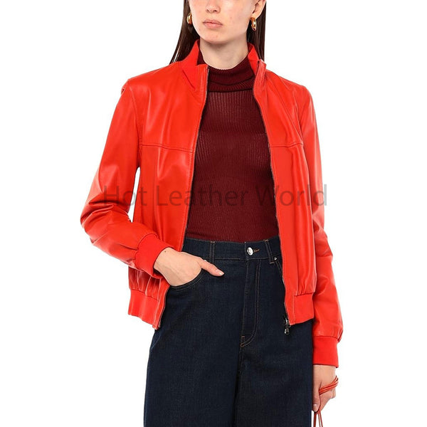 Bright Red High Neck Knitted Hem Women Leather Jacket -  HOTLEATHERWORLD