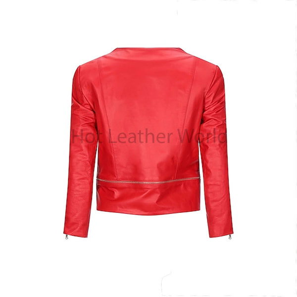 Trendy Red Deep Neckline Zipper Crop Women Leather Jacket -  HOTLEATHERWORLD