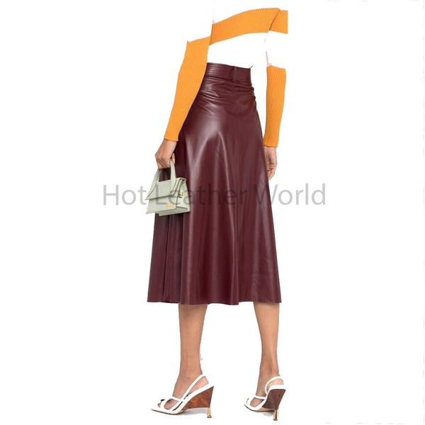 Charm Red High Waisted Front Buttoned Women Midi Leather Skirt -  HOTLEATHERWORLD