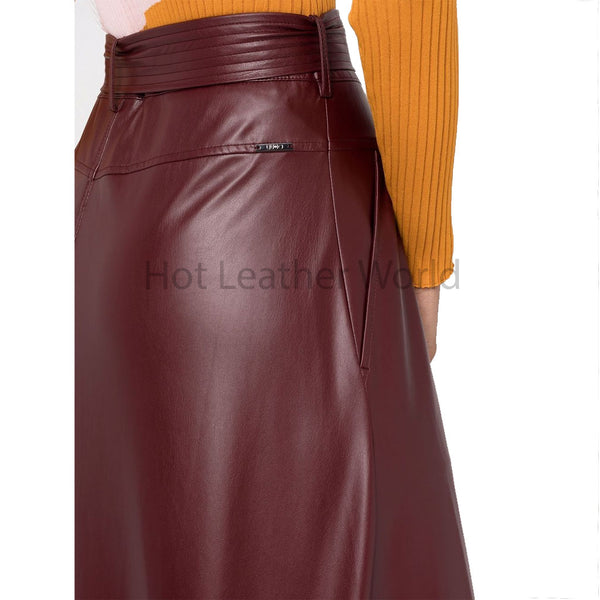 Charm Red High Waisted Front Buttoned Women Midi Leather Skirt -  HOTLEATHERWORLD