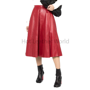 Classy Red Box Pleated Women Midi Leather Skirt -  HOTLEATHERWORLD