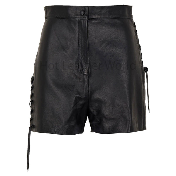 Elegant Black Lace Detailed Women Leather Shorts -  HOTLEATHERWORLD