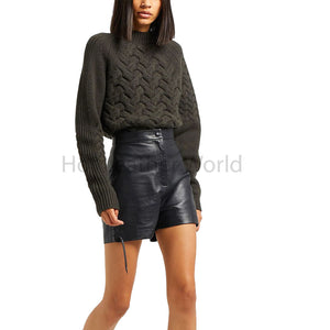 Elegant Black Lace Detailed Women Leather Shorts -  HOTLEATHERWORLD