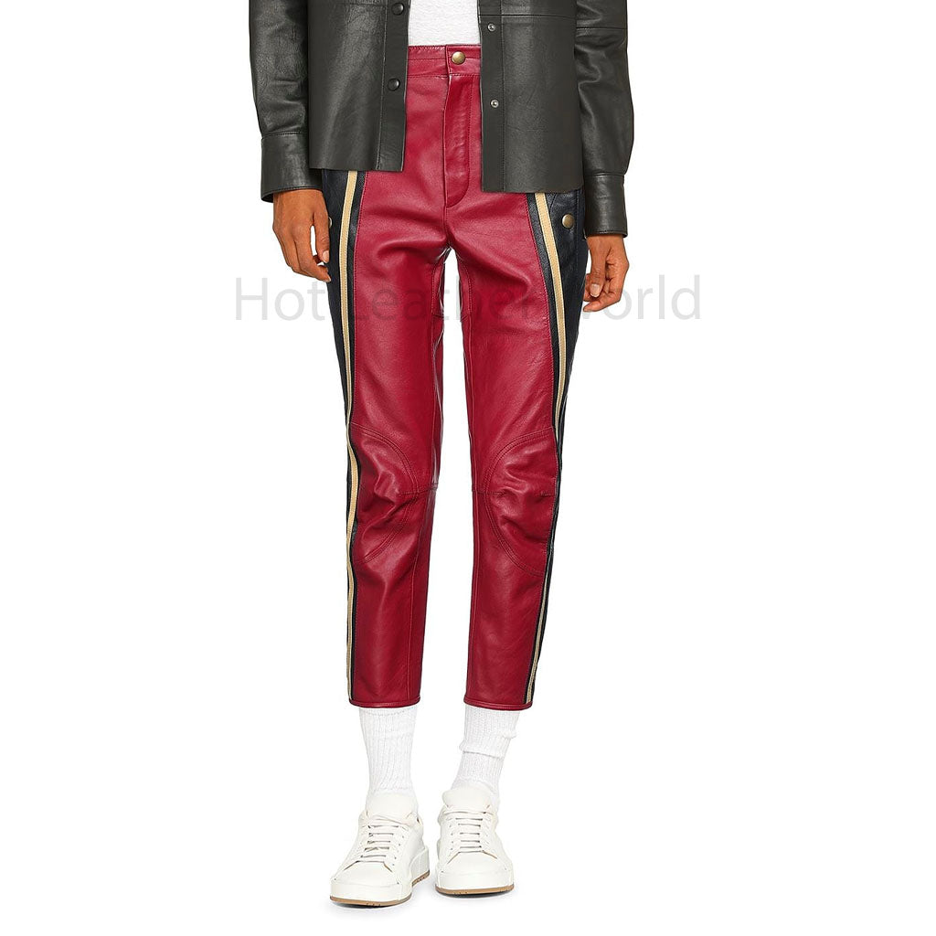 Chic Maroon Stud Detailed Women Cropped Leather Pant -  HOTLEATHERWORLD