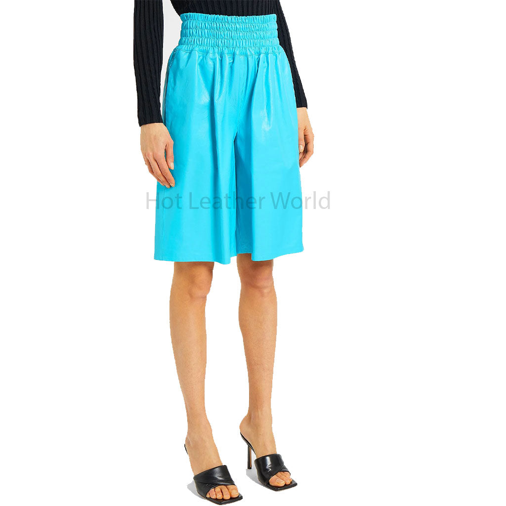 Women Turquoise Pull On Leather Bermuda Shorts -  HOTLEATHERWORLD