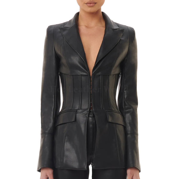 Classic Black Corset Waist Women Genuine Leather Blazer -  HOTLEATHERWORLD