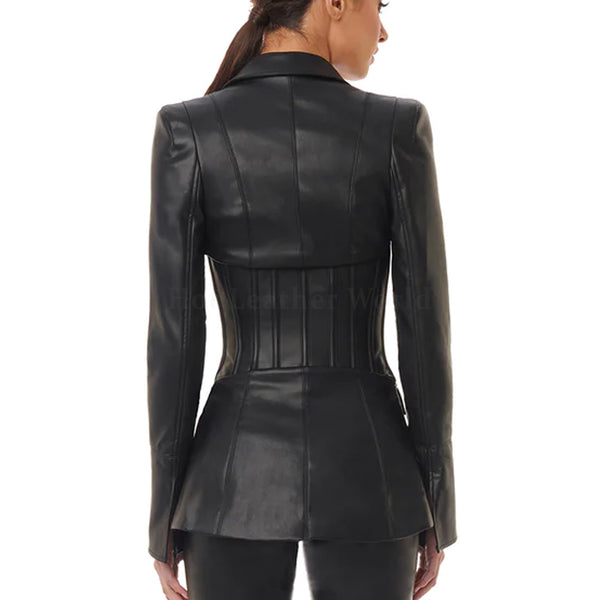Classic Black Corset Waist Women Genuine Leather Blazer -  HOTLEATHERWORLD