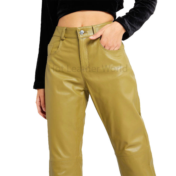 Military Green Women Straight Fit Leather Pant -  HOTLEATHERWORLD