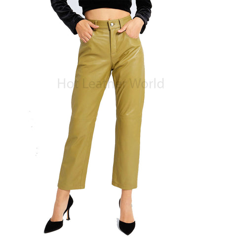 Military Green Women Straight Fit Leather Pant -  HOTLEATHERWORLD