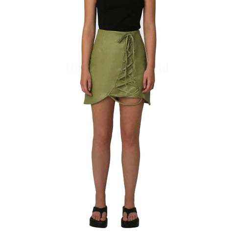 Sage Green Corset Laced Women Mini Hot Leather Skirt -  HOTLEATHERWORLD
