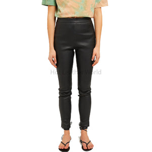 Solid Black Slim Fit Pull On Women Leather Pant -  HOTLEATHERWORLD