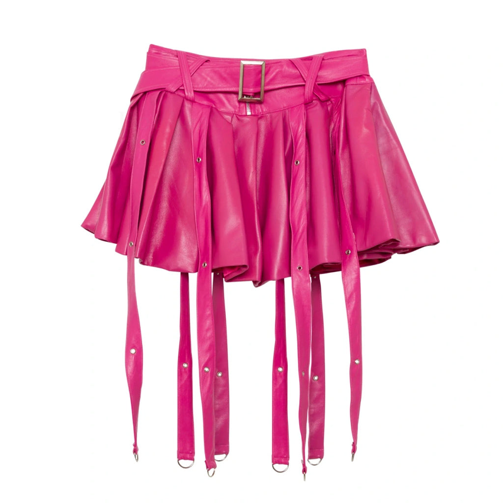 Pink Pleated Straps Detailed Women Halloween Mini Leather Skirt -  HOTLEATHERWORLD