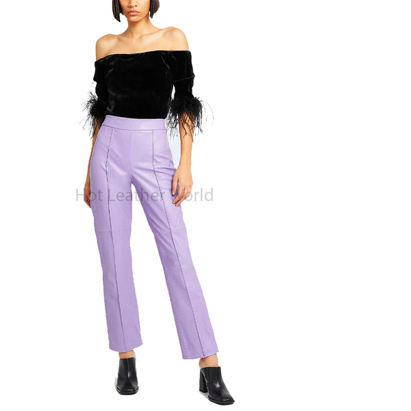 Trendy Lilac Women Straight Fit Genuine Leather Pant -  HOTLEATHERWORLD