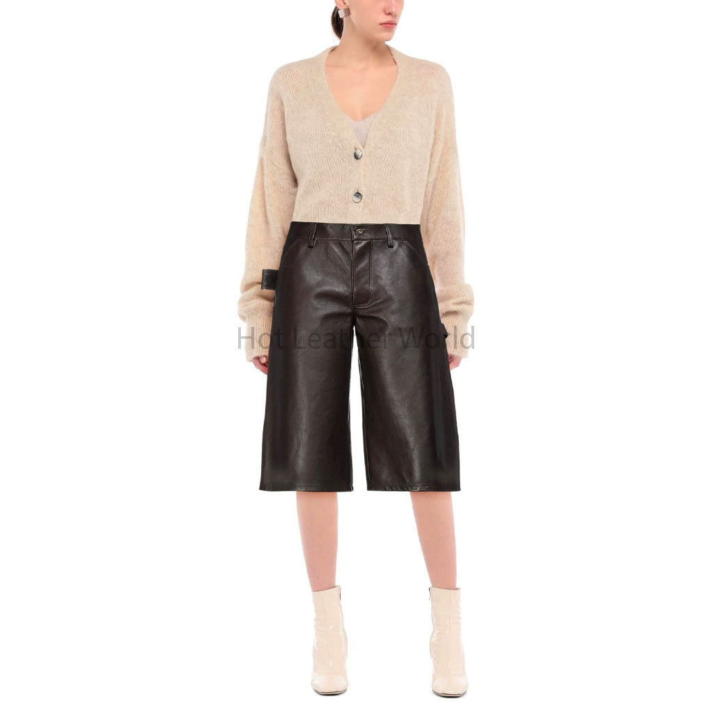 Dark Brown Women Cropped Genuine Leather Pant -  HOTLEATHERWORLD